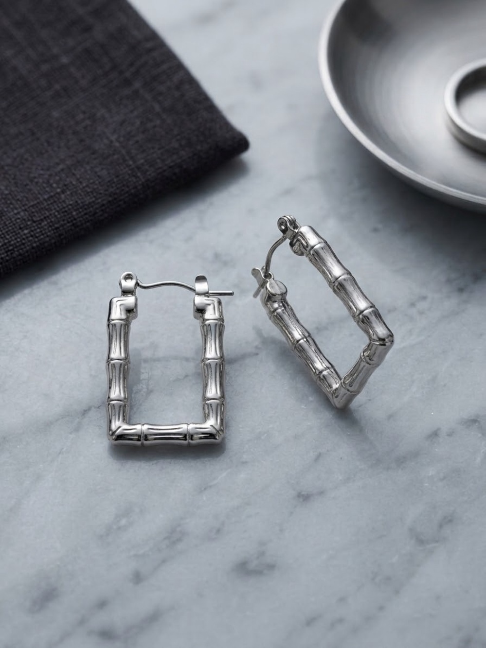 Stainless steel Bamboo Rectangle Hoop Earrings - Silver